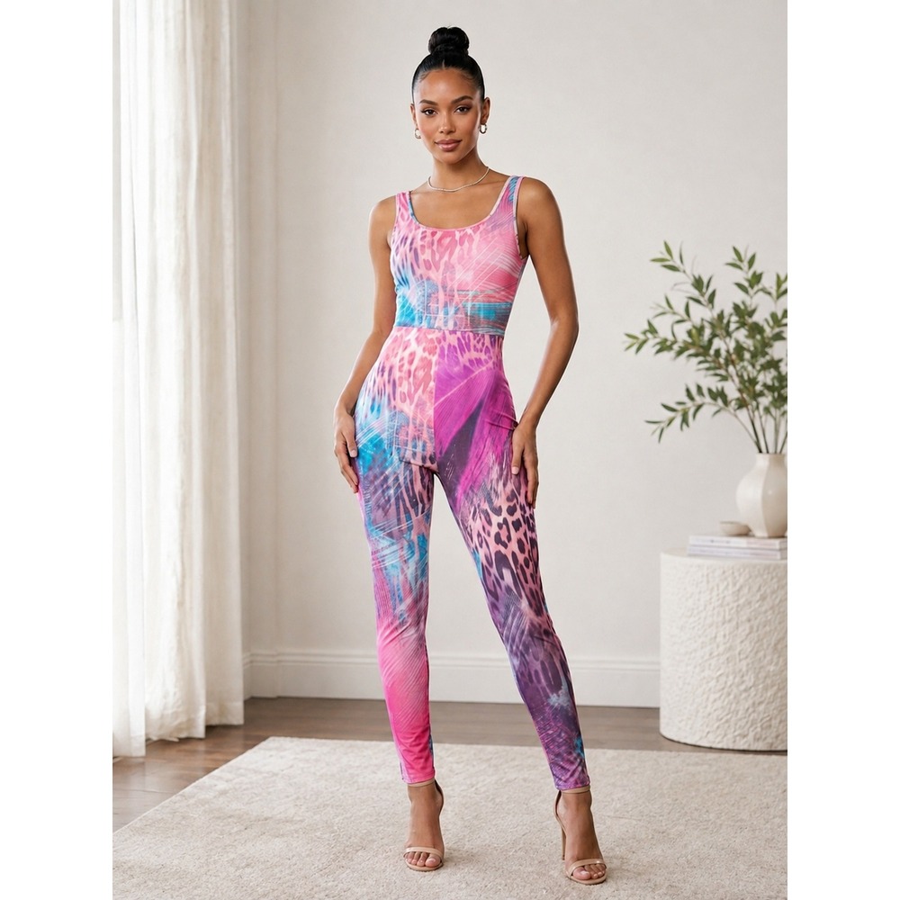 Pink Blue Purple Abstract Animal Print Unitard Sleeveless Bodycon Jumpsuit M(6)